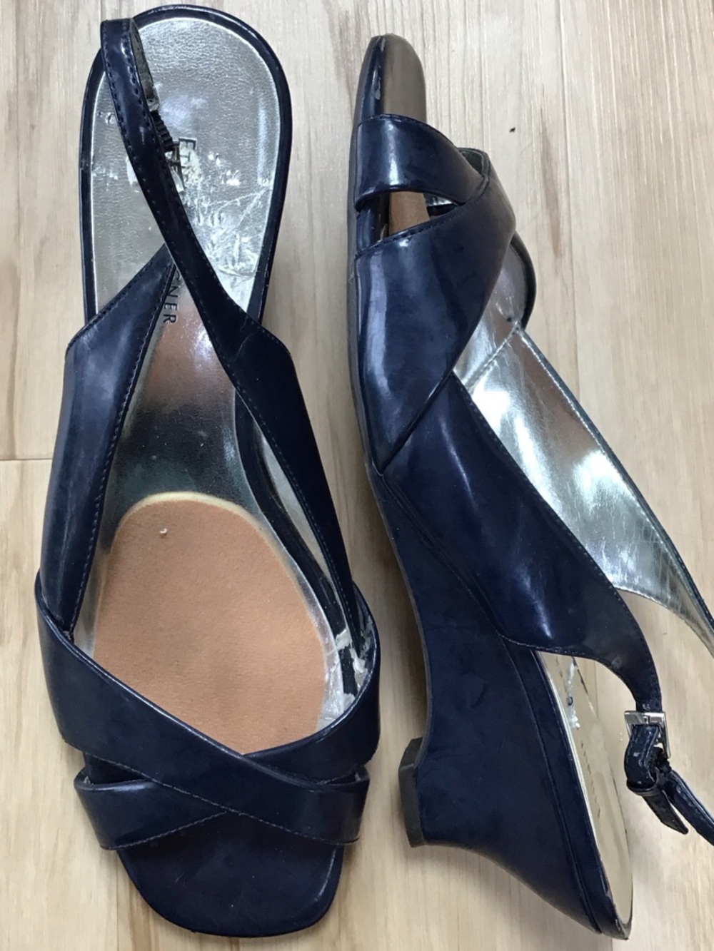 Etienne Aigner Navy Blue Crisscross Slingback Wedge Sandals